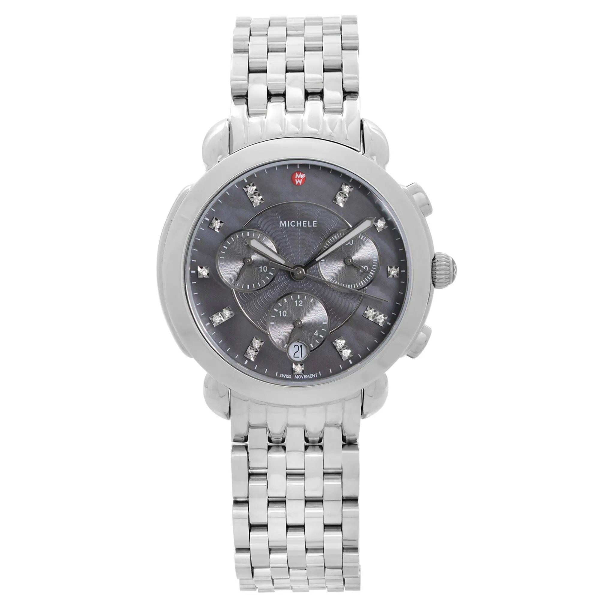 An image of a Wristwatch by MICHELE. This Pre Owned item is designed for Women, featuring a Dress/Formal style. It has a Quartz movement and an Analog display with a Gray dial color. The indices include 12-Hour Dial,Diamond Markers,Non-Numeric Hour Marks. The band is made of Stainless Steel and the case is made of Stainless Steel. The watch has a Round shape with a case size of 36 mm and a case thickness of 11 mm.