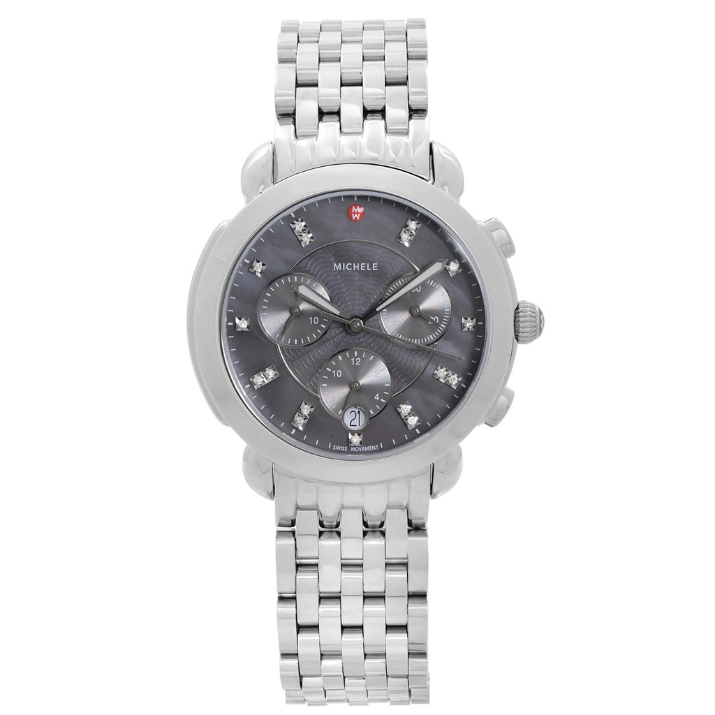 An image of a Wristwatch by MICHELE. This Pre Owned item is designed for Women, featuring a Dress/Formal style. It has a Quartz movement and an Analog display with a Gray dial color. The indices include 12-Hour Dial,Diamond Markers,Non-Numeric Hour Marks. The band is made of Stainless Steel and the case is made of Stainless Steel. The watch has a Round shape with a case size of 36 mm and a case thickness of 11 mm.
