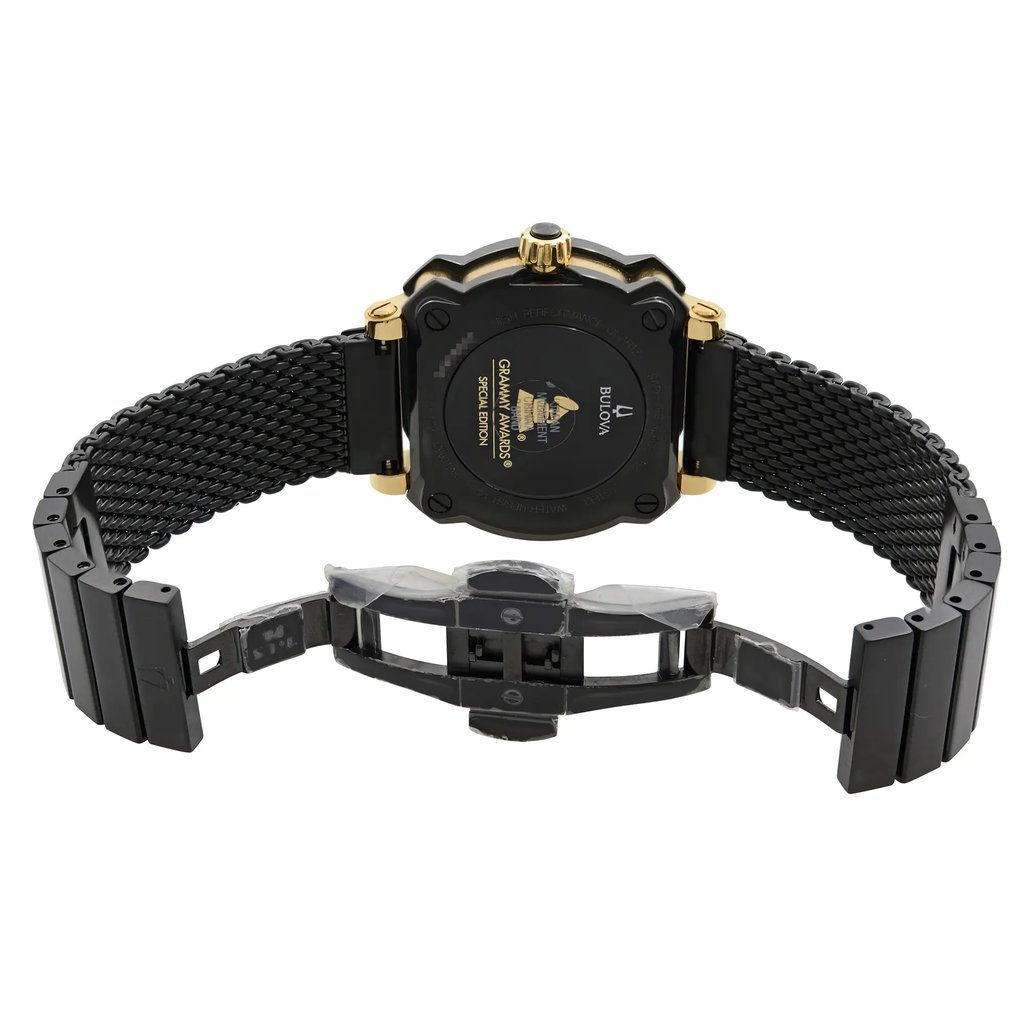 An image of a Bulova women's wristwatch, displayed from a back view with an open double-locking fold-over clasp. The watch is positioned centrally and photographed at a slight angle to show the screwback caseback and the stainless steel band. It's a display model with a round shape, visible from a medium distance against a white background.