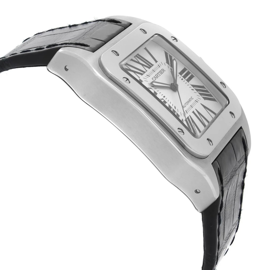 An image of a pre-owned Cartier men's wristwatch with a side profile view opposite of the crown. The watch features a square stainless steel case with a white dial and steel bezel, accentuated by luminous hands. It has a classic and luxurious style suitable for casual, dress, or formal wear. The band is made of black leather, and the watch is positioned at an angle that showcases the side profile, with the camera at a close distance to capture the details of the watch's design and condition.