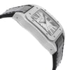 An image of a pre-owned Cartier men's wristwatch with a side profile view opposite of the crown. The watch features a square stainless steel case with a white dial and steel bezel, accentuated by luminous hands. It has a classic and luxurious style suitable for casual, dress, or formal wear. The band is made of black leather, and the watch is positioned at an angle that showcases the side profile, with the camera at a close distance to capture the details of the watch's design and condition.