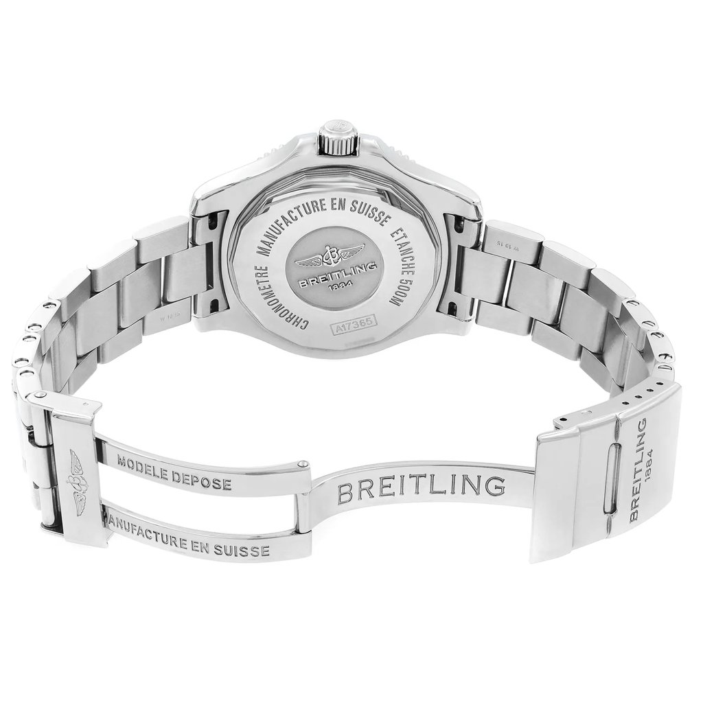Back View Of {Caseback} Back Case And Open Stainless Steel Band Of Breitling A17365C9/BD67-161A Watch Display Model Condition