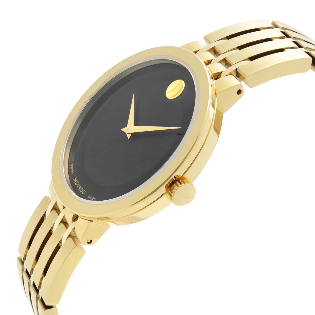 An image of a wristwatch taken from a side profile view, showcasing the crown prominently. The watch features a gold band and a black face with minimalistic gold hands and a circular gold marker. The angle highlights the watch's sleek design, accentuating its new condition, despite being described as "new with defects." The photograph is taken from a close distance, capturing fine details of the watch's craftsmanship.