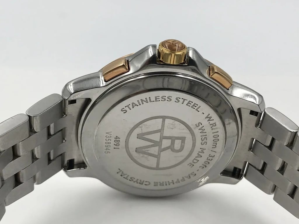 Back View Of {Caseback} Back Case And Closed Stainless Steel Band Of RAYMOND WEIL 4891-SP5-00660 Watch Pre Owned Condition