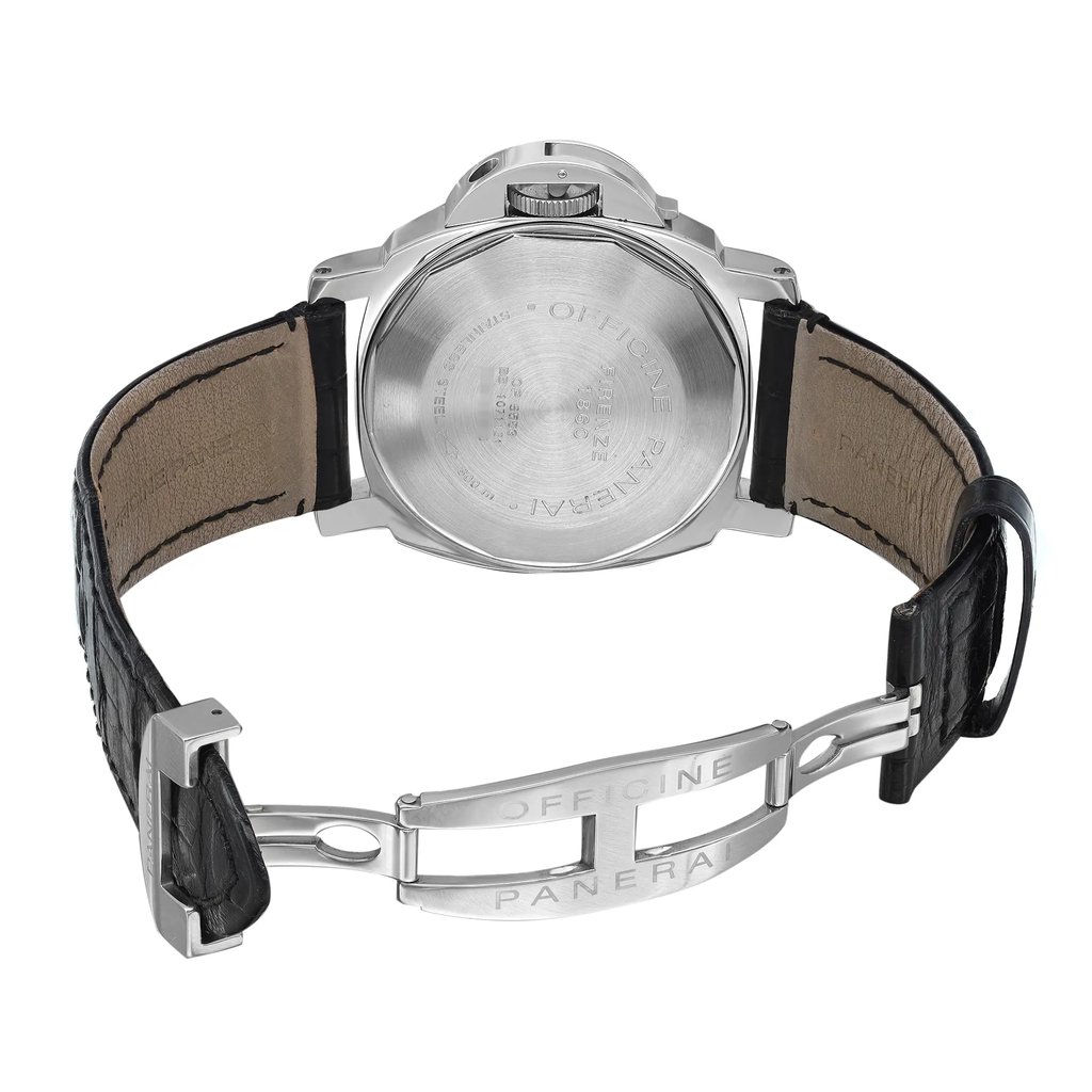 Back View Of Screwback Back Case And Open Leather Band Of Panerai PAM00104 Watch Pre Owned Condition