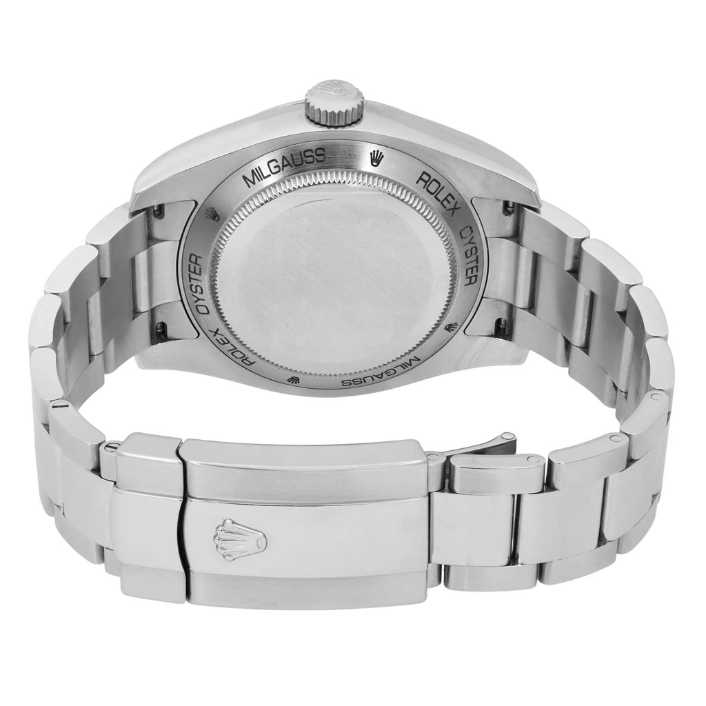 Back View Of Screwback Back Case And Closed Stainless Steel Band Of Rolex 116400GV Watch Pre Owned Condition