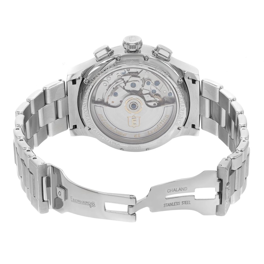 Back View Of Exhibition Back Case And Open Stainless Steel,Rubber Band Of Eberhard  31051.1 Watch Unworn Condition