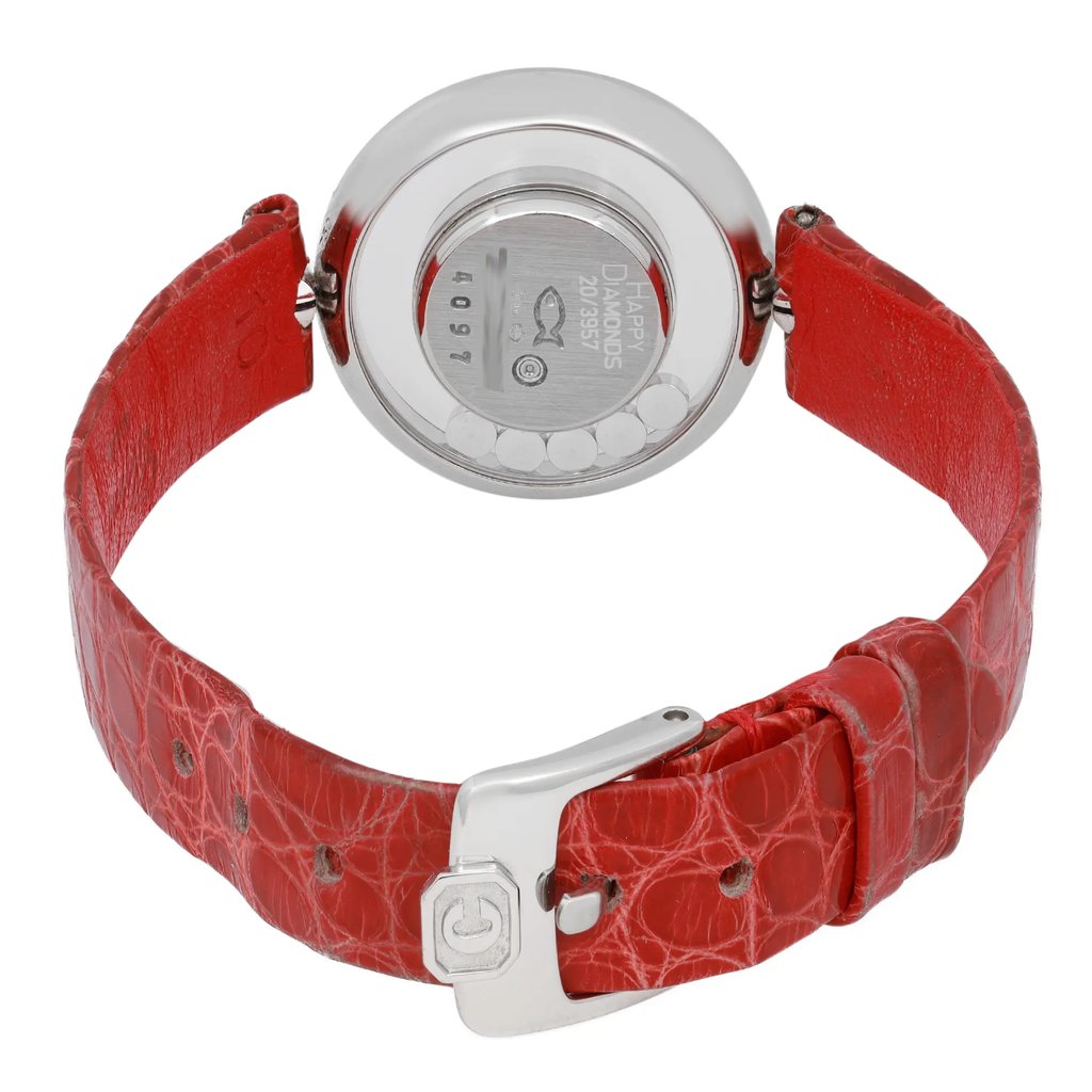 Back View Of Exhibition Back Case And Closed Leather Band Of Chopard 20/3957 Watch Pre Owned Condition