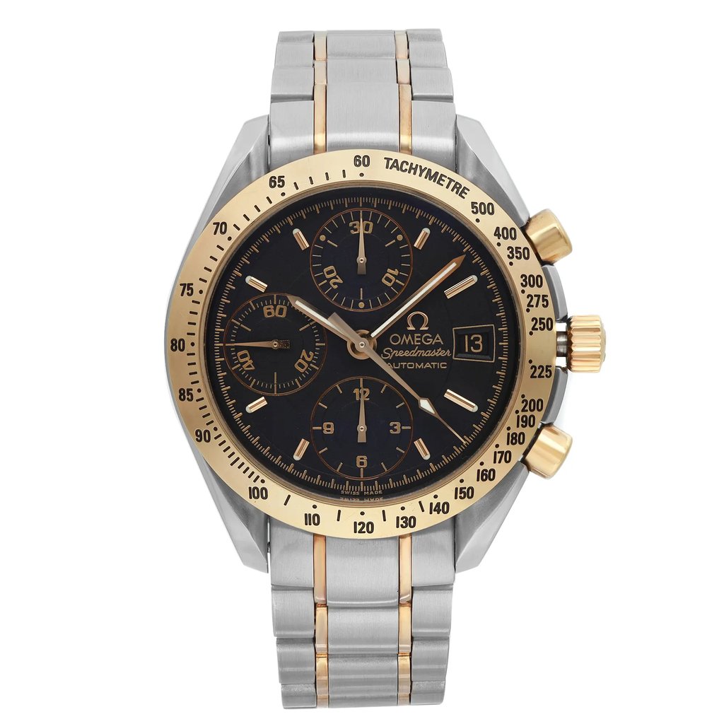 An image of a pre-owned Omega men's wristwatch in a front full frontal view. The watch features a black dial with gold bezel and stainless steel band. It has a round shape and is in good condition. Notable features include a chronograph, date indicator, luminous hands, and a small seconds subdial.