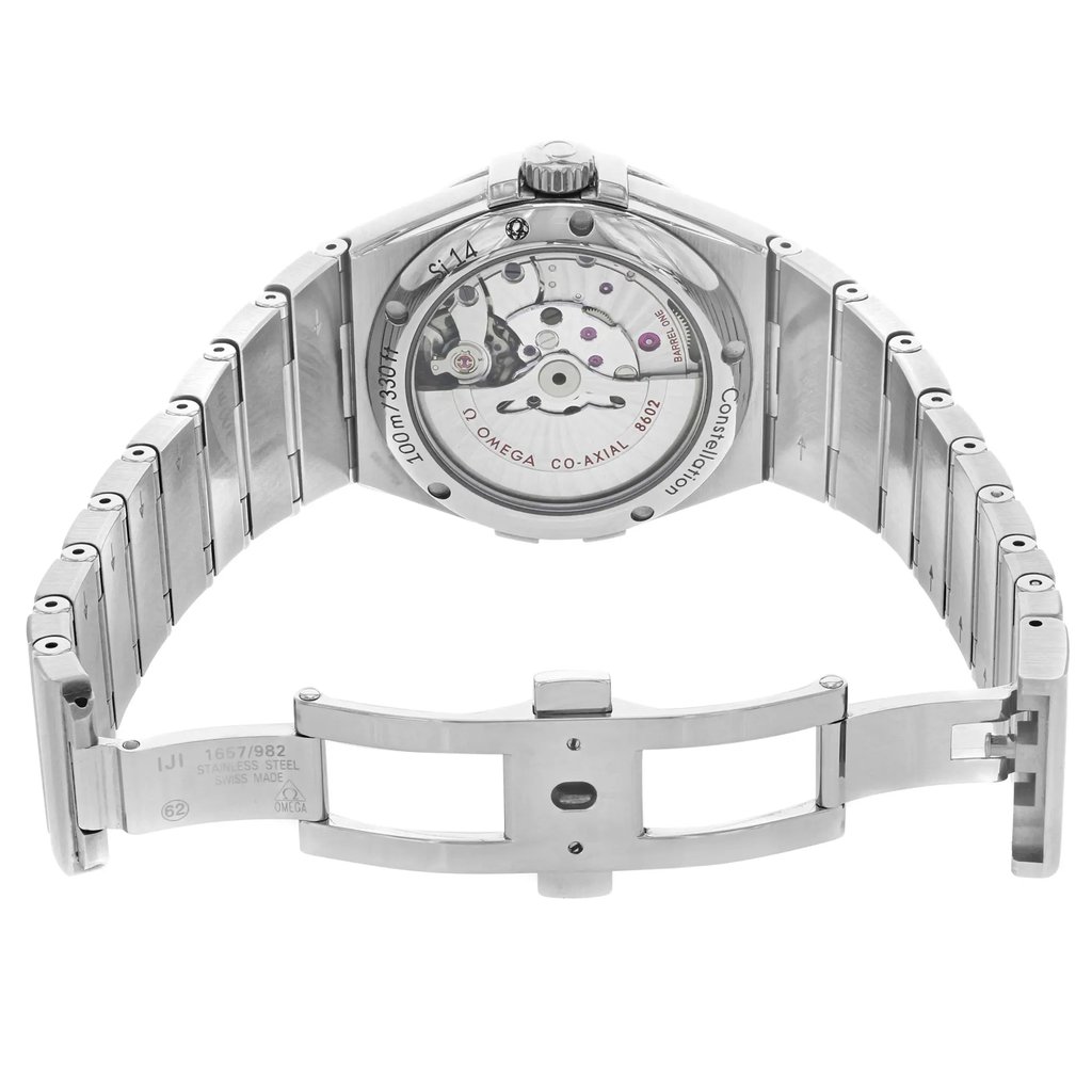 Back View Of Exhibition Back Case And Open Stainless Steel Band Of OMEGA 123.10.38.22.01.001 Watch Pre Owned Condition