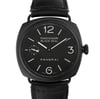 An image of a Wristwatch by Panerai. This Pre Owned item is designed for Men, featuring a Luxury style. It has a Mechanical (Manual) movement and an Analog display with a Black dial color. The indices include 12-Hour Dial,Arabic Numerals,Stick Indexes. The band is made of Leather and the case is made of Ceramic. The watch has a Cushion shape with a case size of 45 mm and a case thickness of 13 mm.