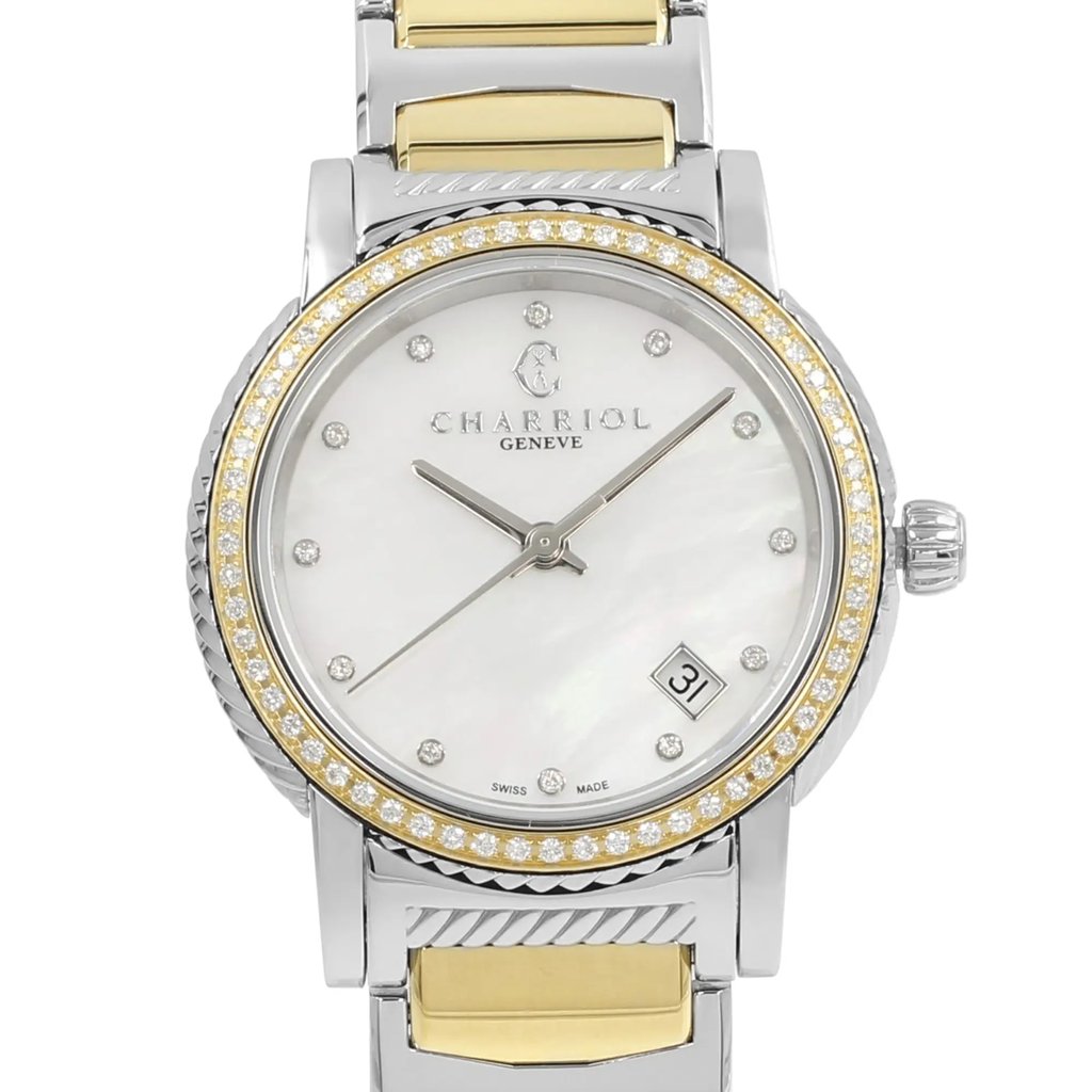 An image of a wristwatch taken from a front close-up angle, showcasing the watch face. The display model features a silver and gold bracelet, a round bezel adorned with small crystals, and a white dial with crystal hour markers. The brand name "Charriol Geneve" is visible on the face, along with a date display at the 4 o'clock position.