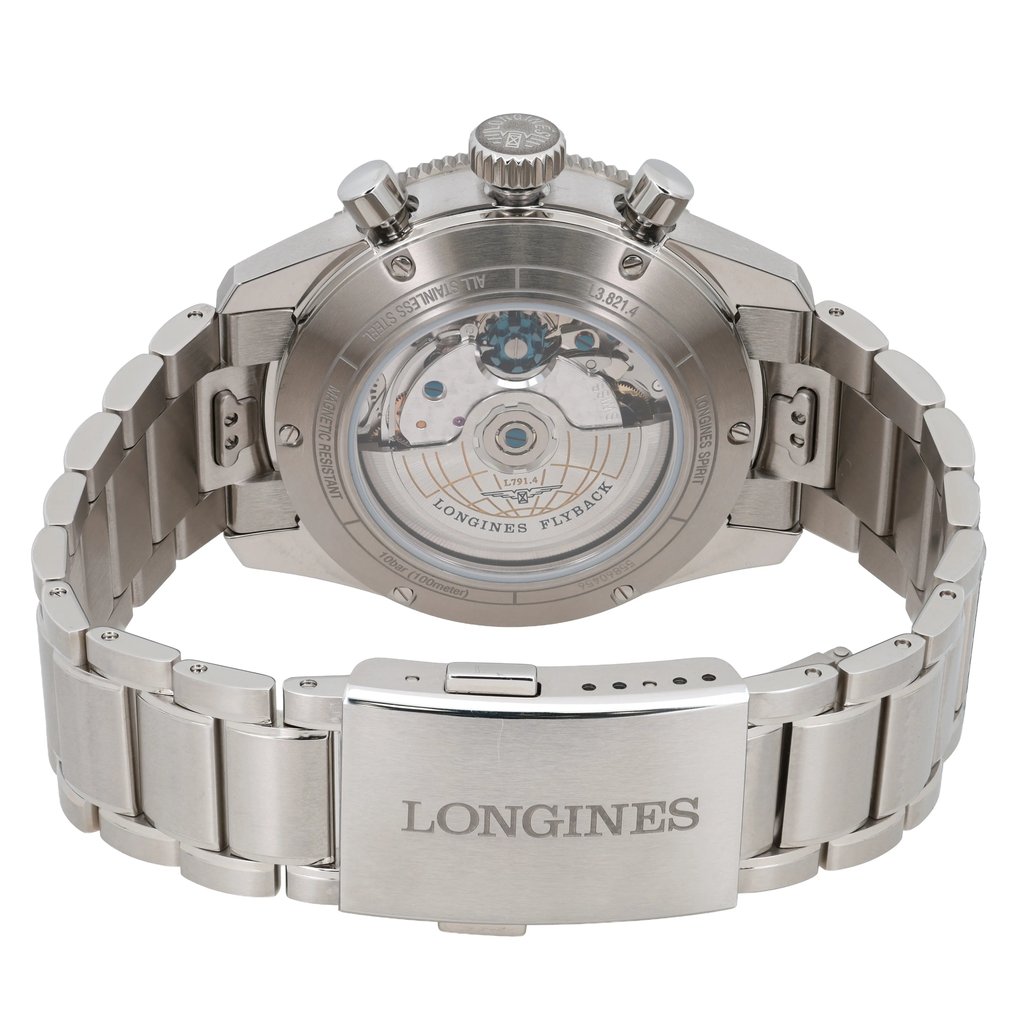 Back View Of Exhibition Back Case And Closed Stainless Steel Band Of Longines L3.821.4.93.6 Watch Unworn Condition