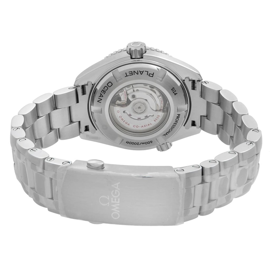 An image of an unworn women's OMEGA wristwatch, showcasing the back view from a close angle. The stainless steel case and exhibition caseback display intricate internal mechanisms. The stainless steel band is visible, leading to a fold-over clasp with a double push button. The watch is in excellent condition, highlighting features like the date indicator and luminous hands. The round shape and overall design emphasize elegance and precision.