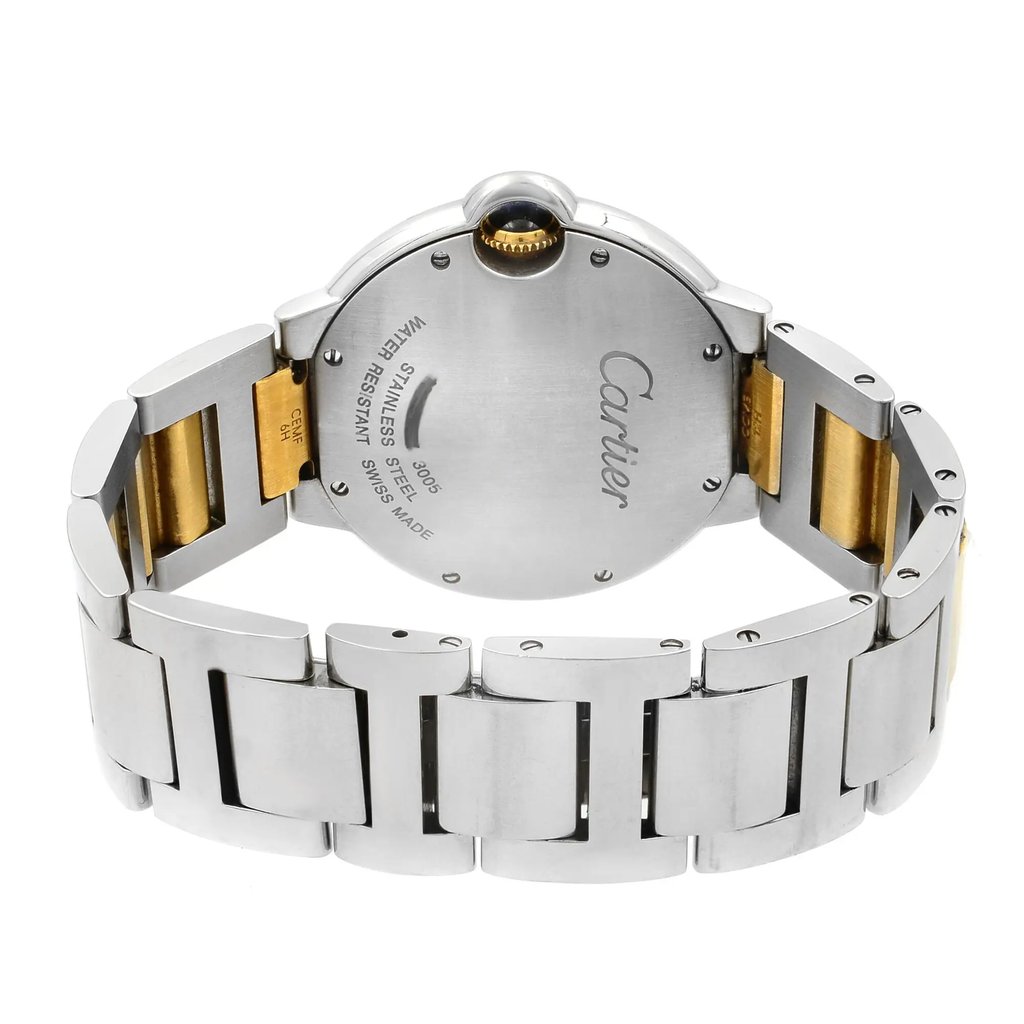Back View Of Screwback Back Case And Closed Stainless Steel,Gold Band Of Cartier W69008Z3 Watch Pre Owned Condition