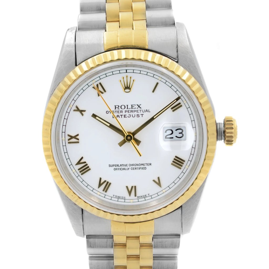 An image of a pre-owned men's Rolex wristwatch taken from a front close-up angle, showcasing the watch face. The round dial is white with Roman numeral indices and features luminous hands. The bezel is gold, complementing the two-tone stainless steel and yellow gold band. The date is visible on the right side of the dial. The watch is in fair condition, suitable for dress or formal occasions. Pre Owned. Heavy slack on the bracelet. The watch was produced in 1990. Shows signs of wear or scratches.

