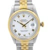 An image of a pre-owned men's Rolex wristwatch taken from a front close-up angle, showcasing the watch face. The round dial is white with Roman numeral indices and features luminous hands. The bezel is gold, complementing the two-tone stainless steel and yellow gold band. The date is visible on the right side of the dial. The watch is in fair condition, suitable for dress or formal occasions. Pre Owned. Heavy slack on the bracelet. The watch was produced in 1990. Shows signs of wear or scratches.

