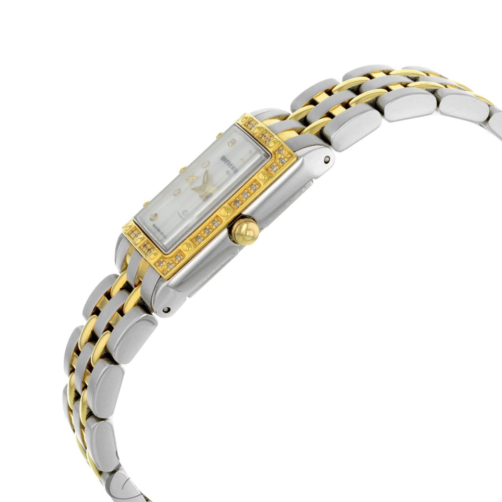 An image of a women's Raymond Weil wristwatch viewed from a side profile, showcasing the crown. The watch features a rectangular shape with a white mother of pearl dial and a gold bezel. The band is made of stainless steel, complementing the stainless steel case. The angle highlights the casual style and elegant design, captured at a moderate distance.