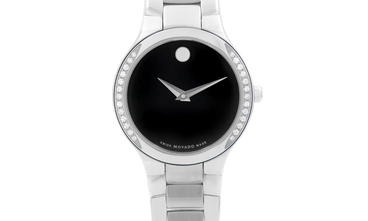 Movado Bold Womens Watch 36mm Silver Tone Black Bezel New Battery 7.25\