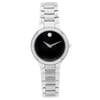 An image of a new and unworn Movado women's wristwatch in a dress/formal style, presented in a front full frontal view. It features a round stainless steel case with a steel-colored bezel adorned with diamonds The watch has a black dial with the iconic Movado dot at the 12 o'clock position and silver-tone hands. The band is made of stainless steel with a bracelet design. The watch is centered and occupies the majority of the frame, showcasing its elegant design and details clearly.
