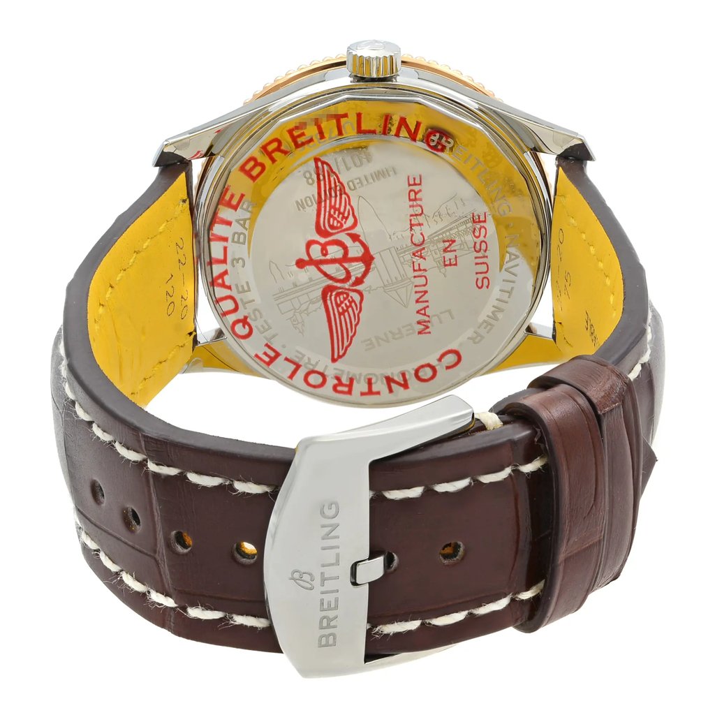 Back View Of Solid Back Case And Closed Leather Band Of Breitling U173265A1M1P1 Watch New Condition