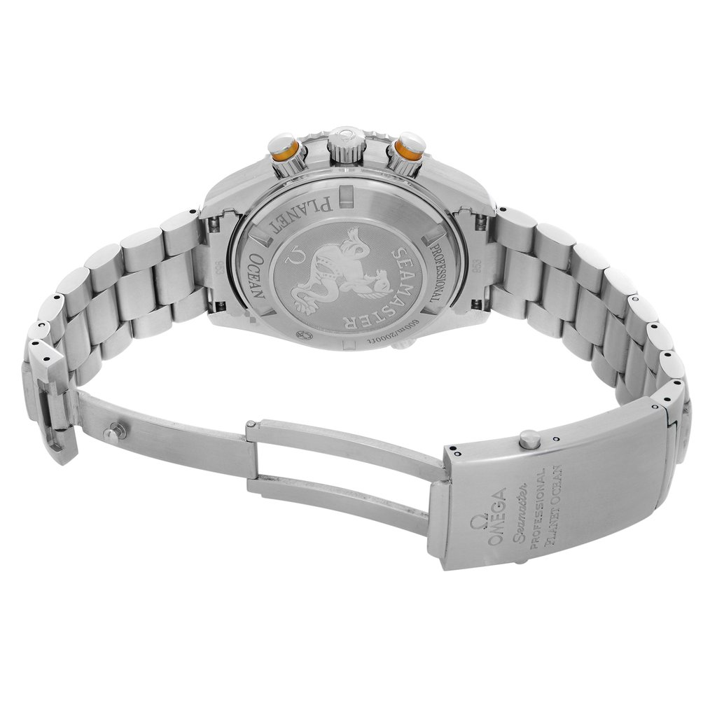 Back View Of Solid Back Case And Open Stainless Steel Band Of OMEGA 2218.50.00 Watch Pre Owned Condition