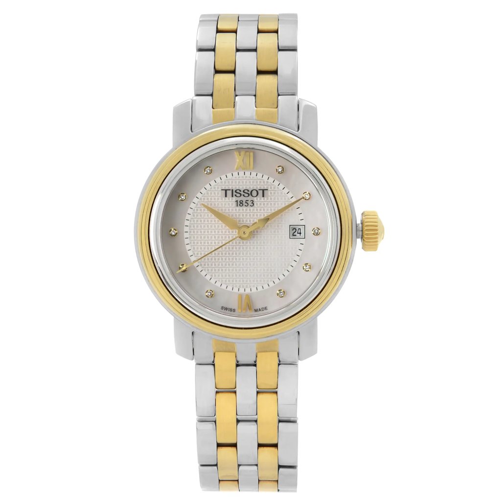 An image of a Wristwatch by Tissot. This Display Model item is designed for Women, featuring a Dress/Formal style. It has a Quartz movement and an Analog display with a Multicolor dial color. The indices include 12-Hour Dial,Diamond Markers,Non-Numeric Hour Marks. The band is made of Stainless Steel and the case is made of Stainless Steel. The watch has a Round shape with a case size of 29 mm and a case thickness of 8 mm.