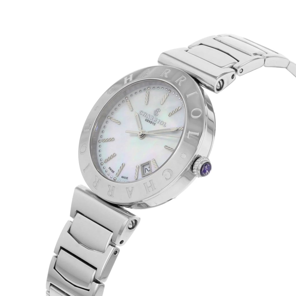 An image of a wristwatch taken from a side profile view, showcasing the crown prominently. The watch has a polished metal bracelet and a round face with a subtle mother-of-pearl dial. The brand name is engraved on the bezel, encircling the watch face. The angle highlights the thickness of the case and the design of the bracelet links. The watch is a display model, indicating pristine condition.
