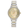 An image of a Bulova women's wristwatch, displayed in a frontal view with the face of the watch centered and the band extending vertically. The watch features a gold-tone dial, luminous hands, and diamond hour markers, surrounded by a ring of additional crystals. The two-tone bracelet combines silver and gold elements and appears in a display model condition with no visible wear. The wristwatch is photographed up close, capturing the details and finishes clearly.
