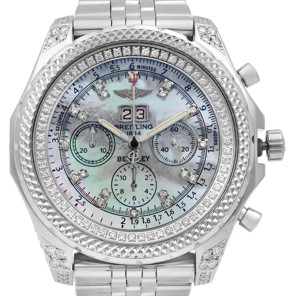 Up Close Front Facing Picture Of Breitling A44362 Stainless Steel Watch Pre Owned Condition