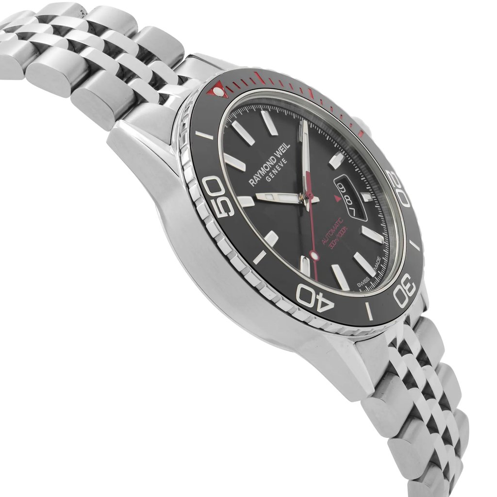 An image of a new, unworn RAYMOND WEIL men's wristwatch with a round shape, featuring a black dial and stainless steel band. The watch is shown in a side profile view from the angle opposite the crown, with the band extending into the foreground, suggesting a close-up perspective. 