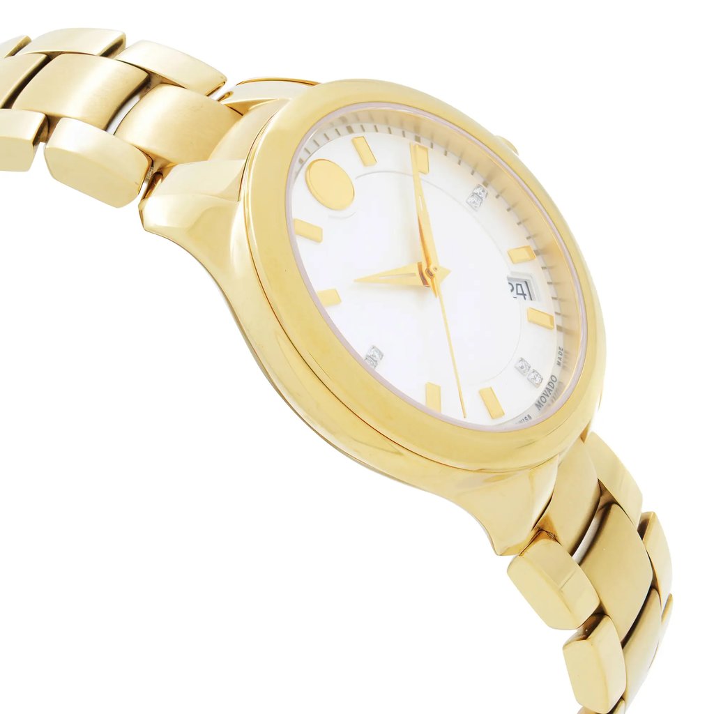 An image of a pre-owned wristwatch taken from a side profile view, opposite the crown. The watch features a gold-toned metal bracelet and a round face with gold hour markers and hands. The angle highlights the smooth, polished finish of the band and the case, displaying a portion of the white dial with a date feature. The photograph is captured close-up, focusing on the elegant details of the watch design.