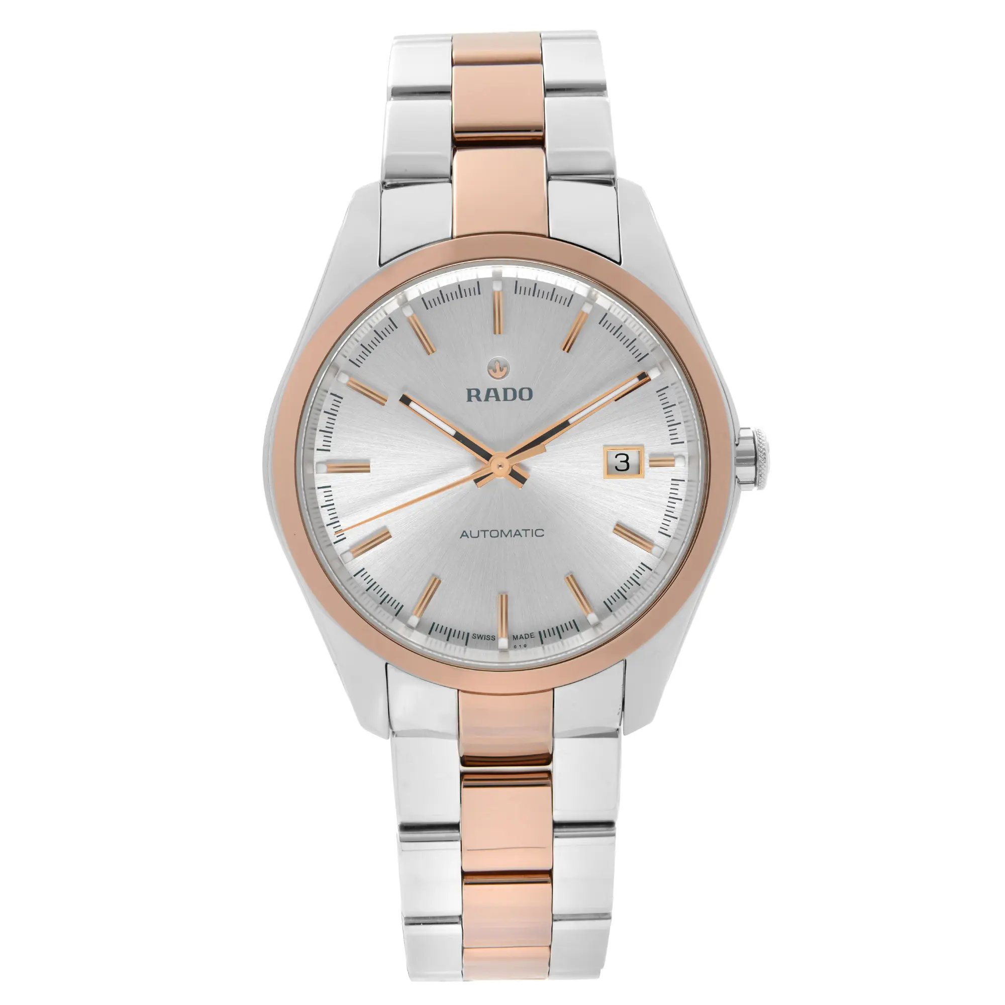 An image of a Wristwatch by Rado. This Display Model item is designed for Men, featuring a Dress/Formal style. It has a Mechanical (Automatic) movement and an Analog display with a Silver dial color. The indices include 12-Hour Dial,Non-Numeric Hour Marks. The band is made of Ceramic,Stainless Steel and the case is made of Stainless Steel. The watch has a Round shape with a case size of 40 mm and a case thickness of 12 mm.