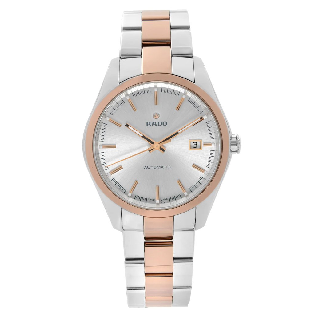 An image of a Wristwatch by Rado. This Display Model item is designed for Men, featuring a Dress/Formal style. It has a Mechanical (Automatic) movement and an Analog display with a Silver dial color. The indices include 12-Hour Dial,Non-Numeric Hour Marks. The band is made of Ceramic,Stainless Steel and the case is made of Stainless Steel. The watch has a Round shape with a case size of 40 mm and a case thickness of 12 mm.