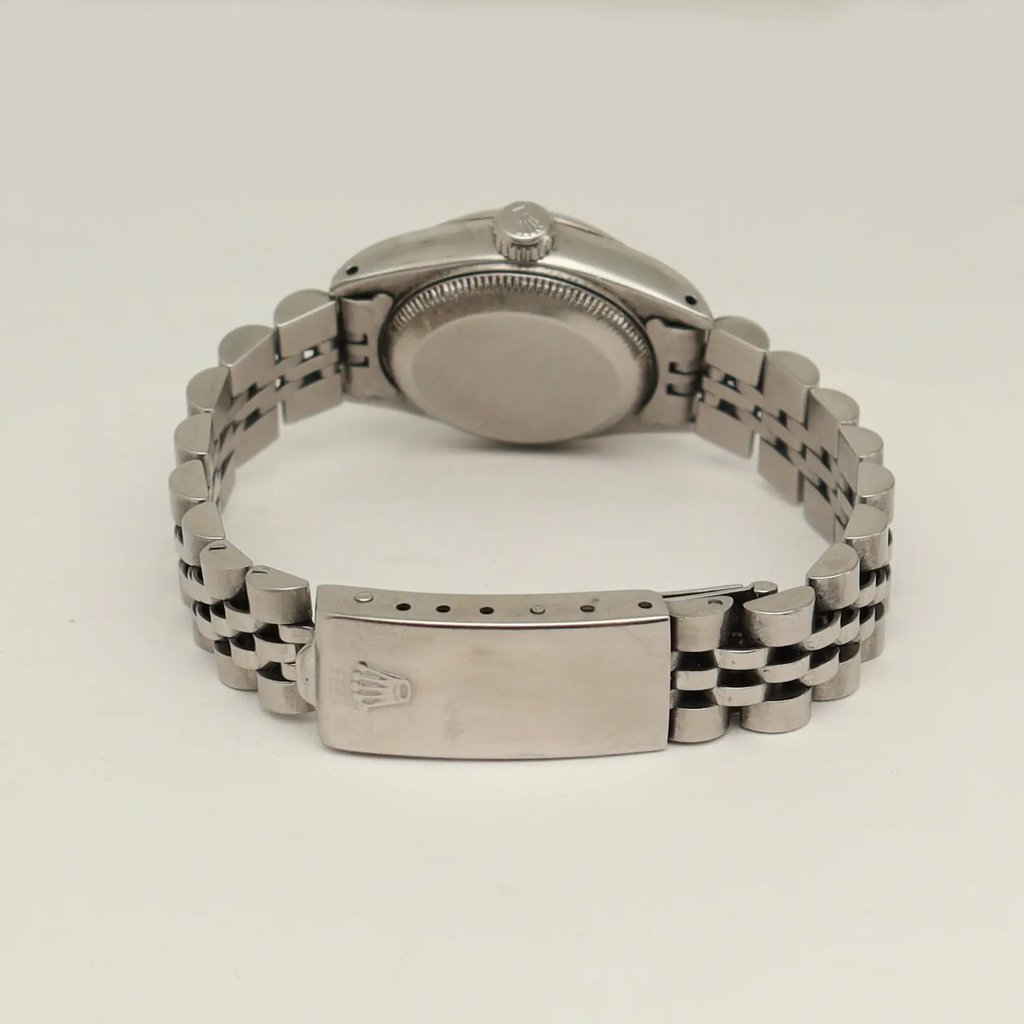 Back View Of Solid Back Case And Closed Stainless Steel Band Of Rolex 69174 Watch Pre Owned Condition