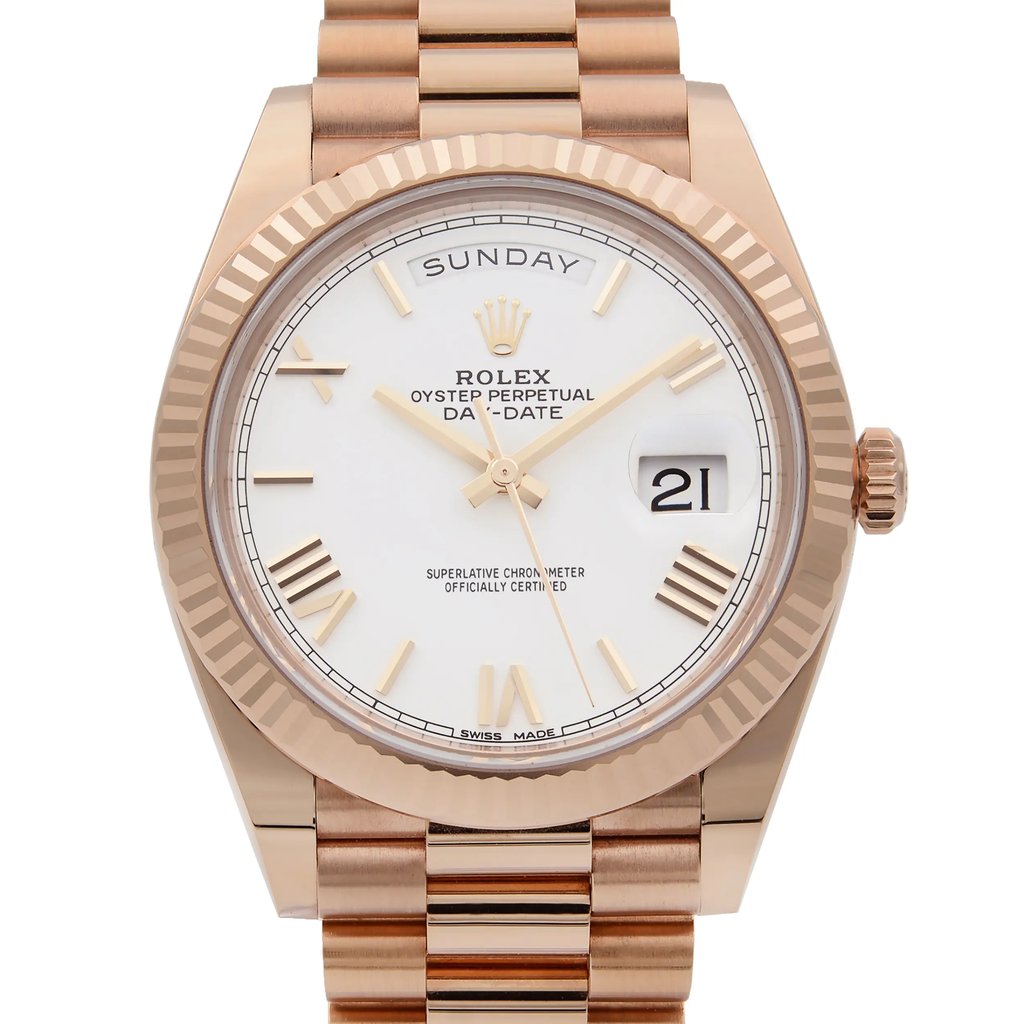 Up Close Front Facing Picture Of Rolex 228235 Rose Gold Watch Pre Owned Condition