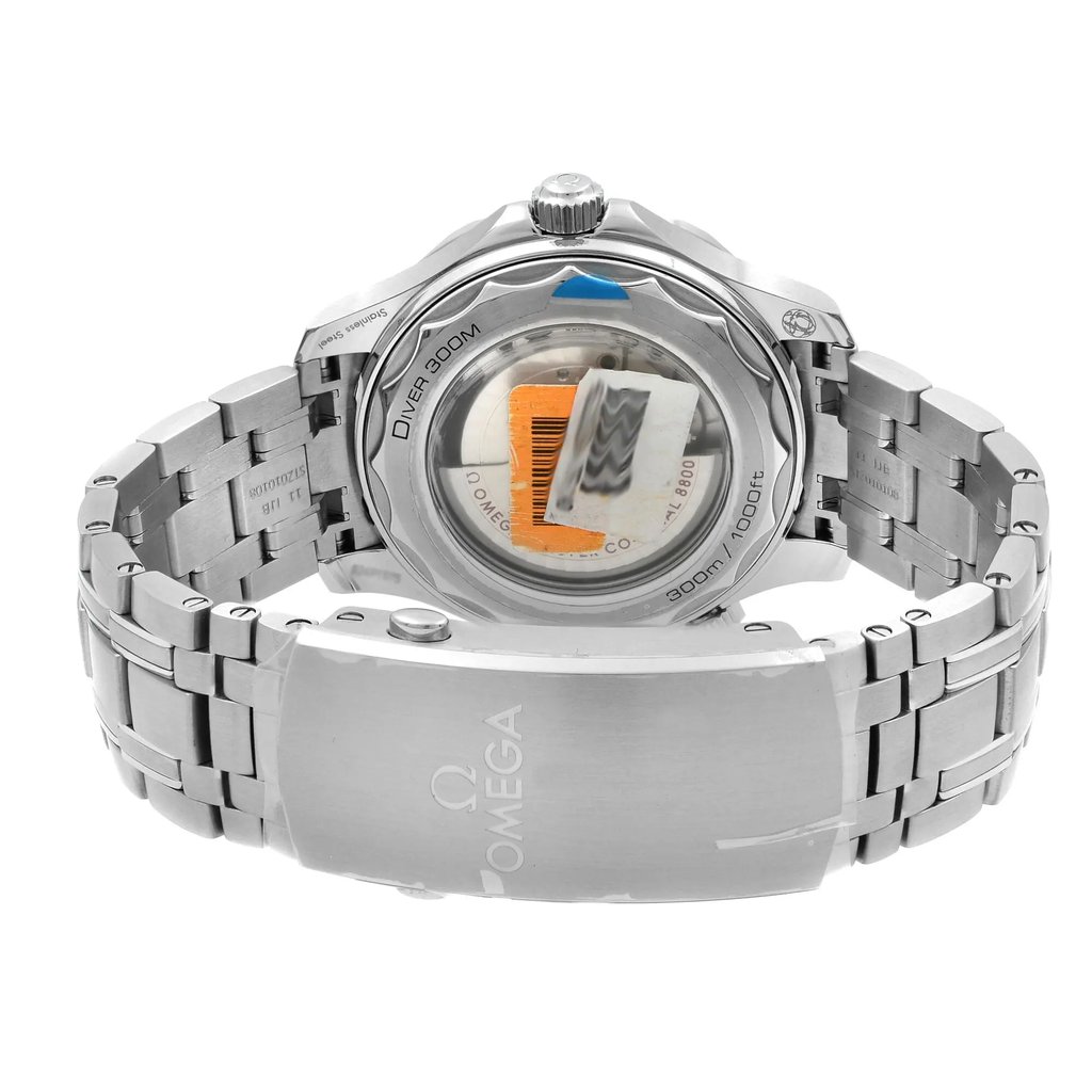 Back View Of Exhibition Back Case And Closed Stainless Steel Band Of OMEGA 210.30.42.20.03.001 Watch Unworn Condition
