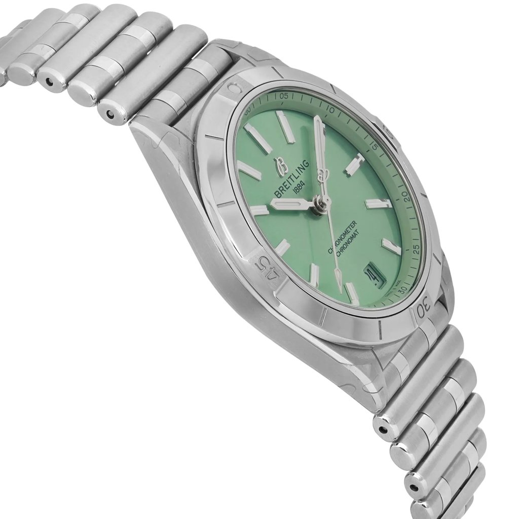 View Of Opposite Crown Facing Side Of Breitling A10380101L1A1 Stainless Steel Watch Display Model Condition