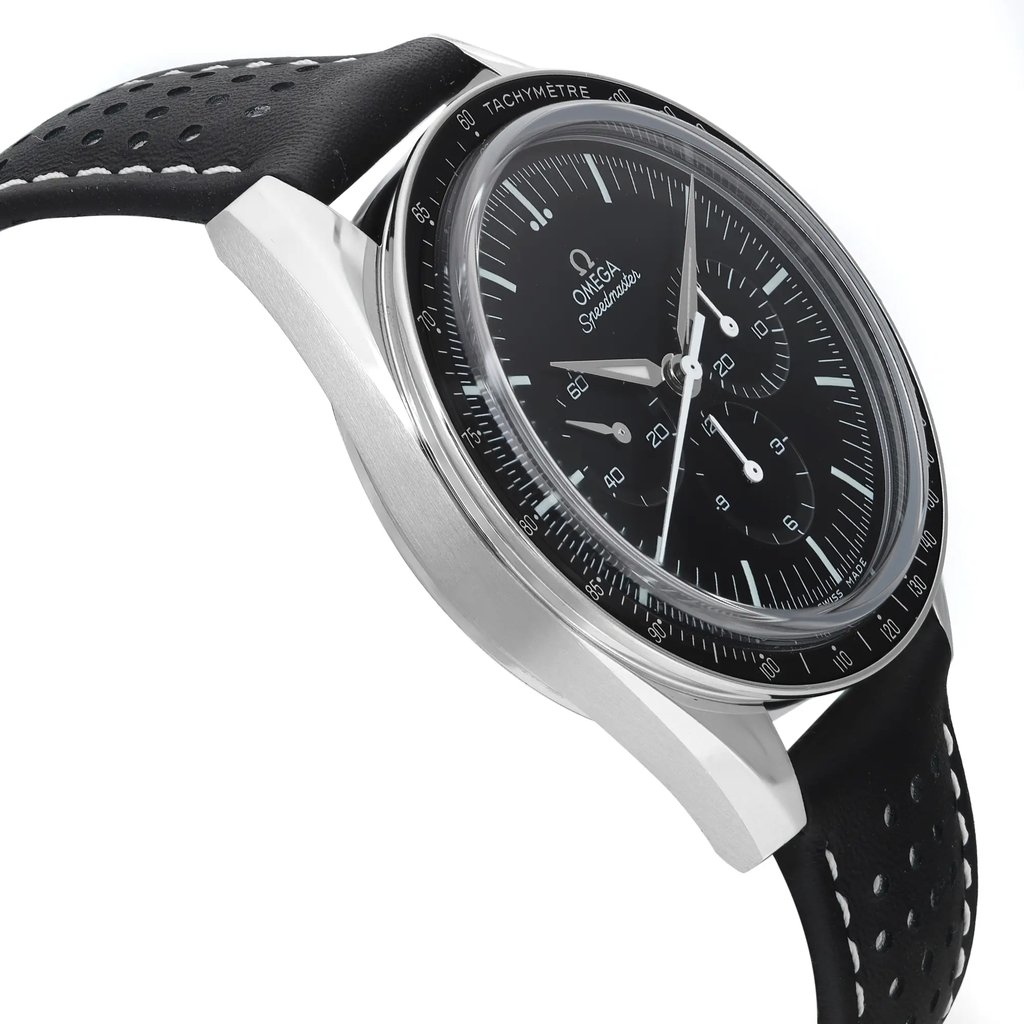An image of a pre-owned OMEGA men's luxury wristwatch. The side profile view, opposite of the crown, showcases the black dial and black bezel with a tachymeter scale. The chronograph features are visible on the round stainless steel case. The watch has a black leather band with white stitching. The angle of the photo highlights the sleek design and craftsmanship of the timepiece.