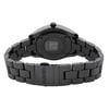 An image of a wristwatch displayed from the back view, showcasing the close clasp. The watch is positioned to highlight its sleek, dark metallic bracelet and detailed engravings on the case back. The angle captures the full length of the bracelet, focusing on the brand name engraved on the clasp. The image is taken at a close distance, emphasizing the watch's polished finish and sophisticated design.