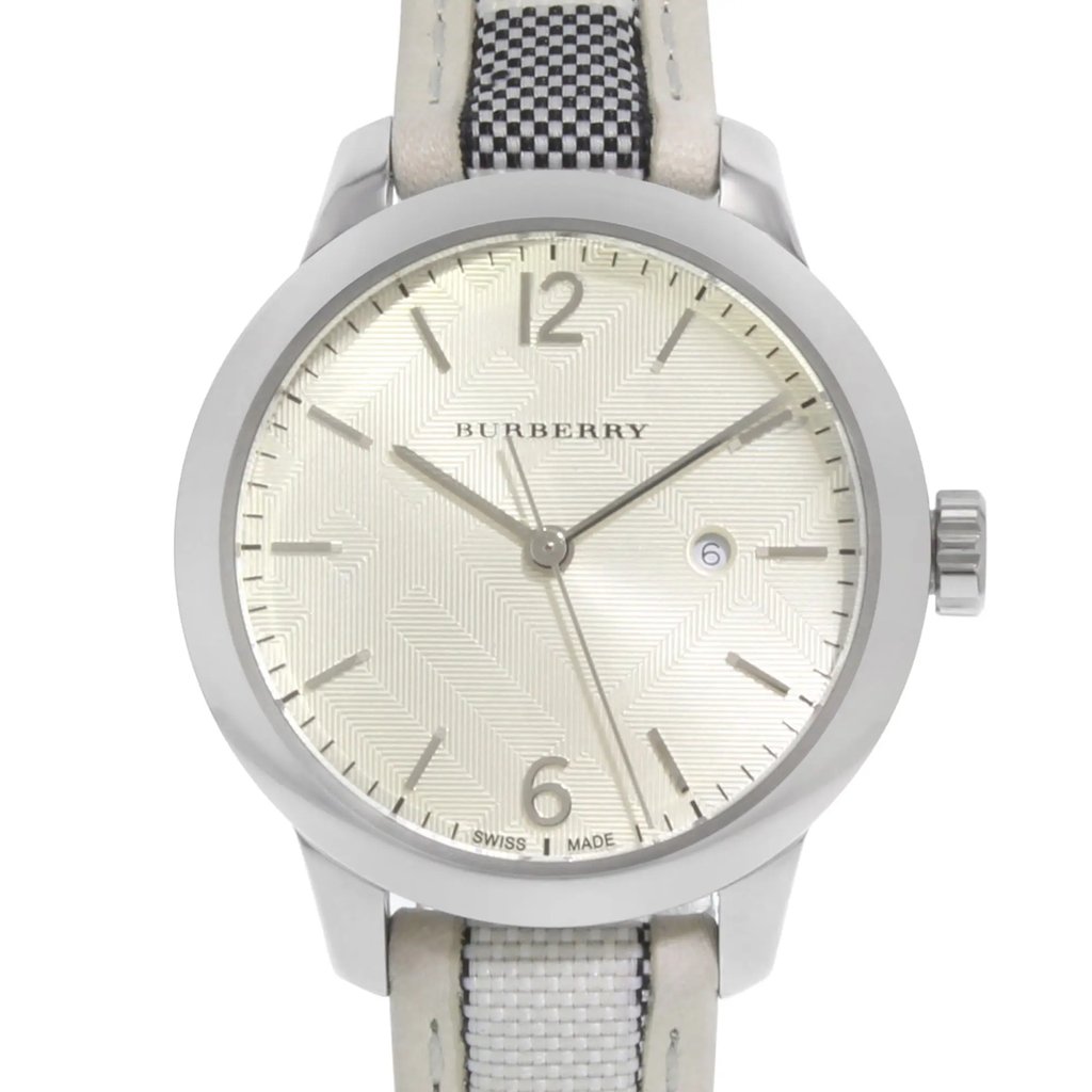 Up Close Front Facing Picture Of Burberry BU10113 Stainless Steel Watch Display Model Condition