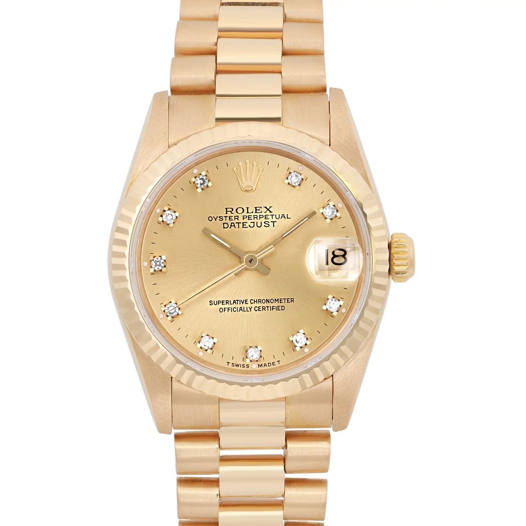 Up Close Front Facing Picture Of Rolex 68278G Yellow Gold Watch Pre Owned Condition