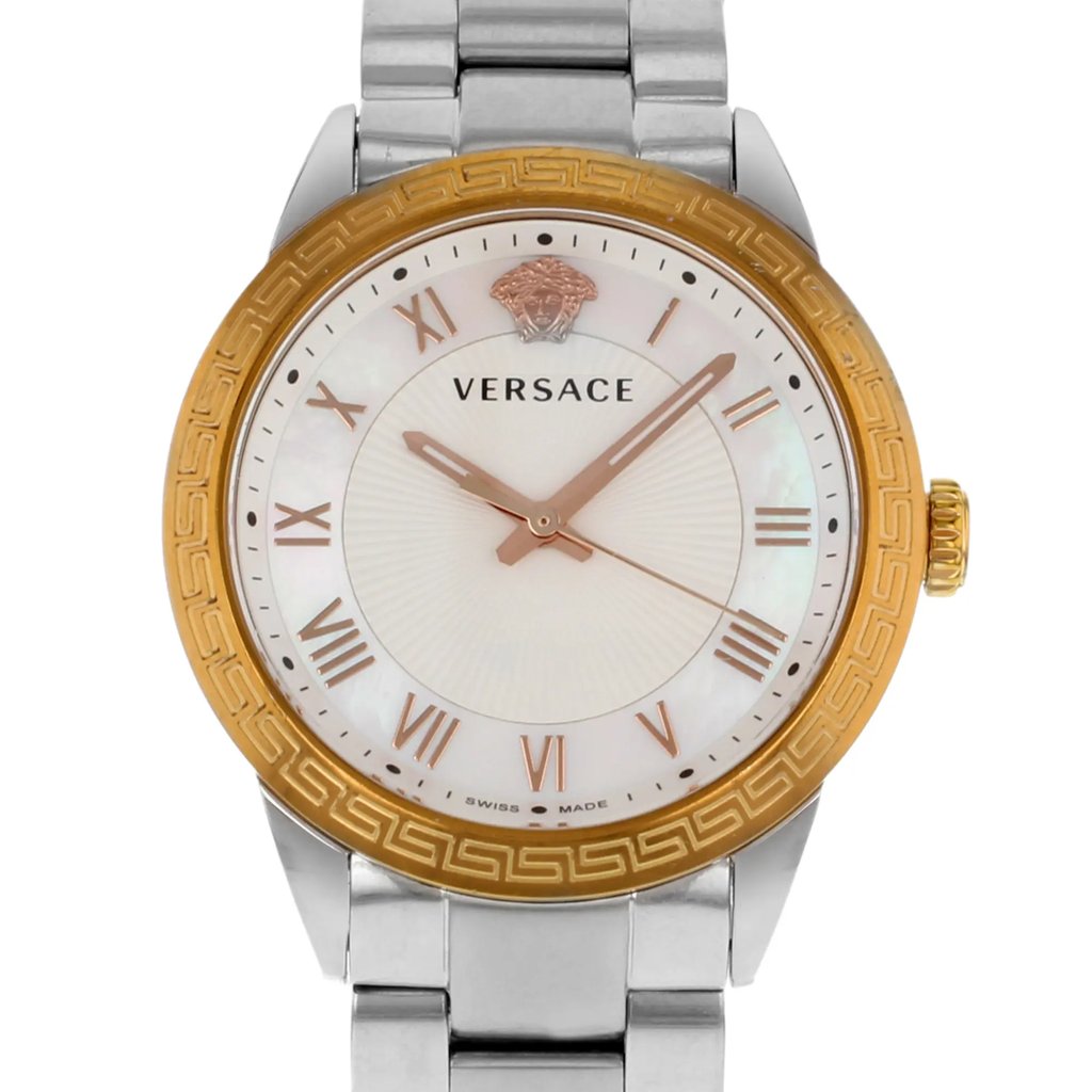 Up Close Front Facing Picture Of Versace P6Q89FD002S099 Stainless Steel Watch Pre Owned Condition