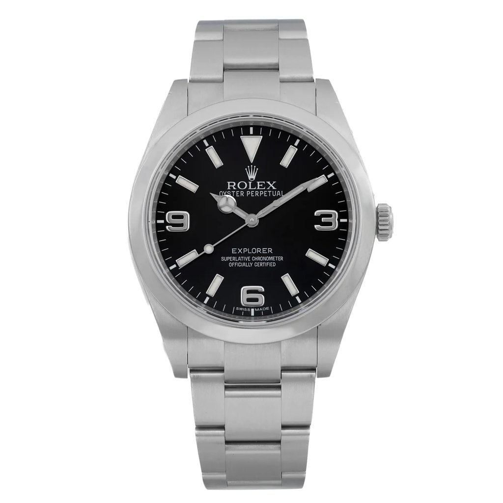 An image of a pre-owned wristwatch shown from a front full frontal view. The watch features a stainless steel bracelet and a black dial with silver hour markers and hands. The brand and model details are visible on the dial. The watch is positioned centrally and captured at a close distance, highlighting its design and details.
