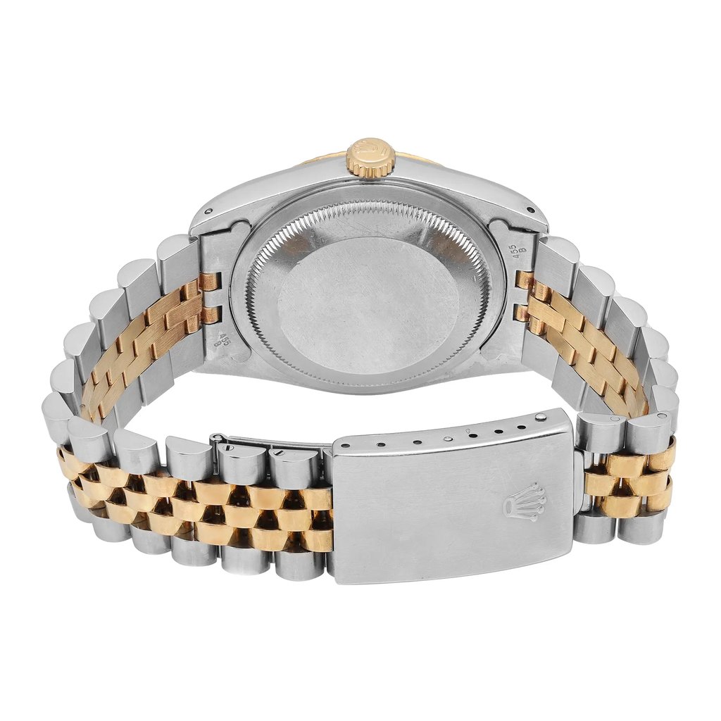 Back View Of Solid Back Case And Closed Stainless and Solid Gold Band Of Rolex 16233 Watch Pre Owned Condition