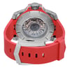 An image of a wristwatch taken from the back view, focusing on the intricate, exposed movement inside the case. The watch features a red strap with a silver clasp. The photograph is a close-up shot, highlighting the details of the mechanical components and the engraved text on the metal case. The condition of the watch is noted as a display model.
