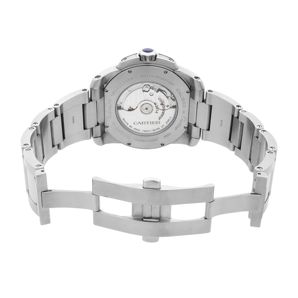 Back View Of Screwback Back Case And Open Stainless Steel Band Of Cartier W7100015 Watch Pre Owned Condition