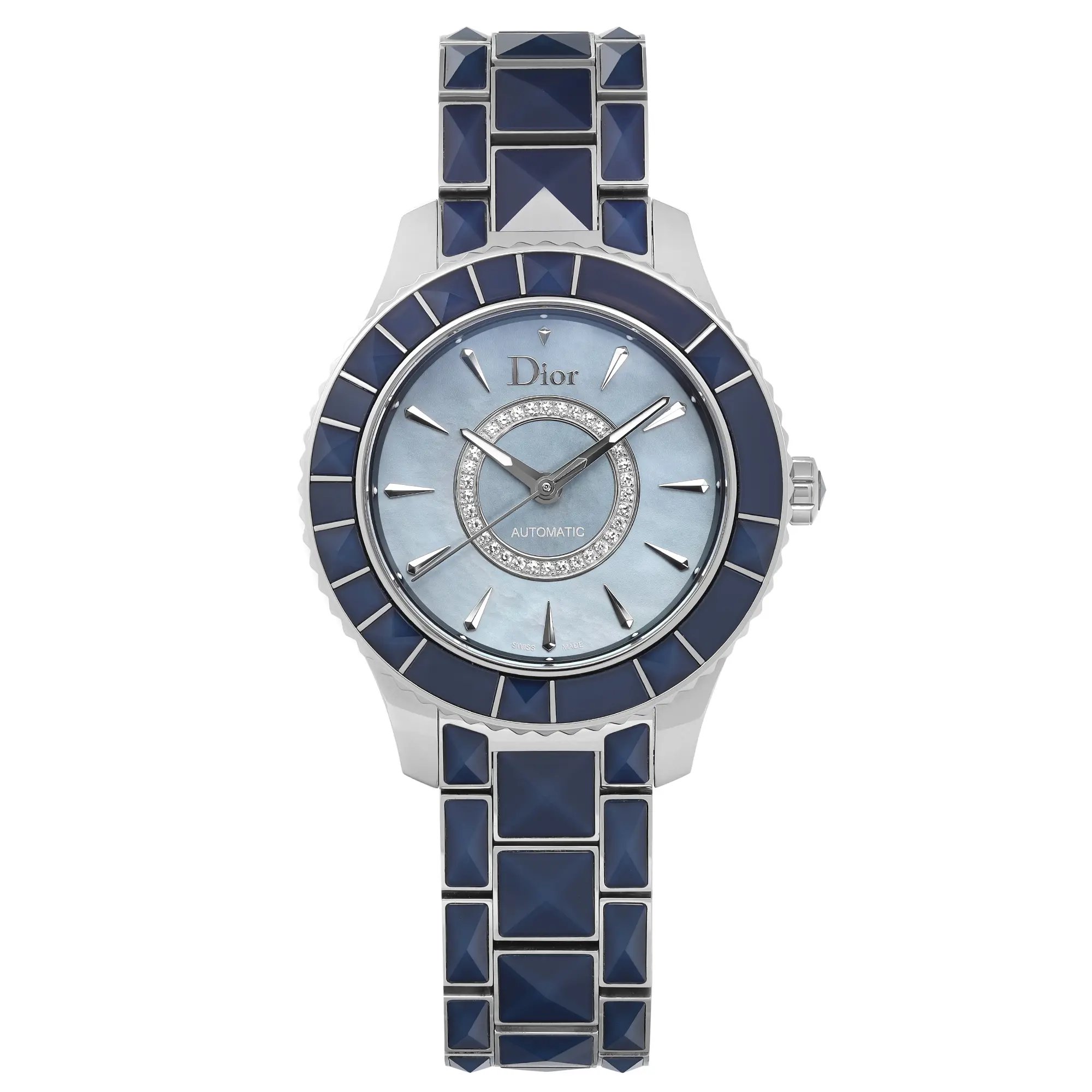 An image of a Wristwatch by Dior. This Display Model item is designed for Women, featuring a Luxury style. It has a Mechanical (Automatic) movement and an Analog display with a Blue dial color. The indices include 12-Hour Dial,Stick Indexes. The band is made of Stainless Steel,Sapphire and the case is made of Stainless Steel. The watch has a Round shape with a case size of 38 mm and a case thickness of 11 mm.