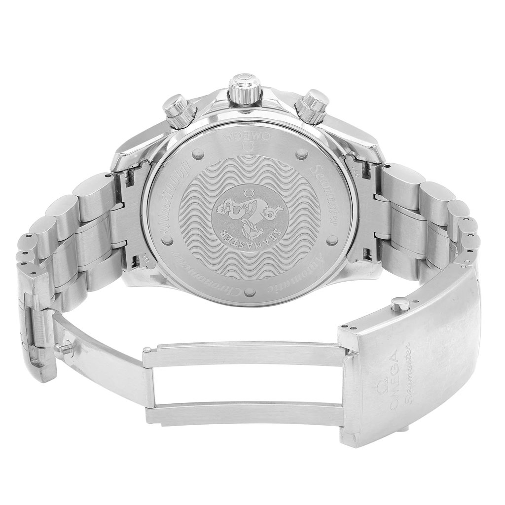 Back View Of Solid Back Case And Open Stainless Steel Band Of OMEGA 2569.52.00 Watch Pre Owned Condition
