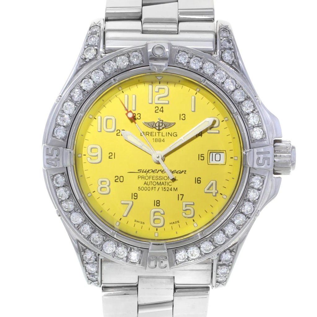 Up Close Front Facing Picture Of Breitling A17360 Stainless Steel Watch Pre Owned Condition
